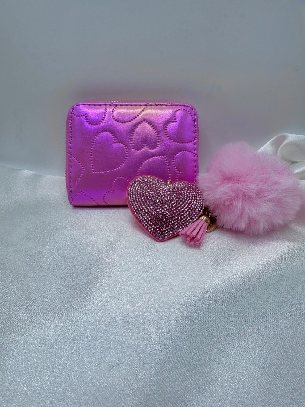 Cute Pink Metallic Heart Zip Wallet with Pom Pom & Rhinestone Heart Keychain